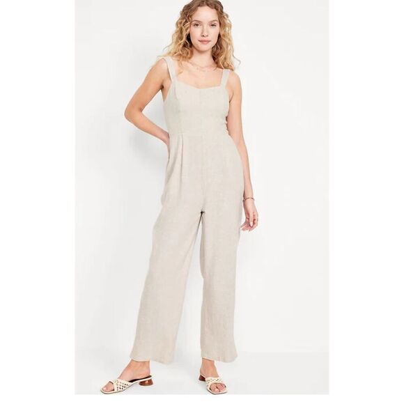 Old Navy tan linen blend jumpsuit- L - Picture 1 of 12
